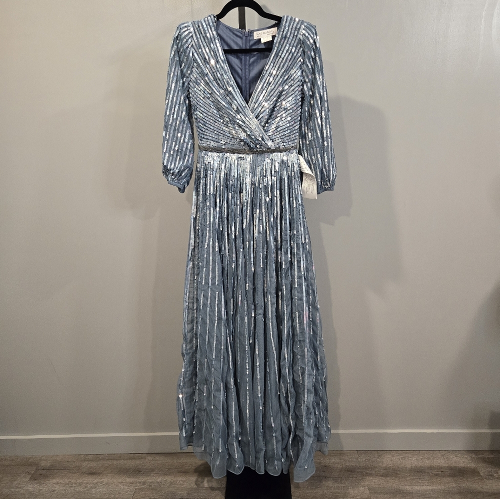 NEW MAC DUGGAL 5509 $598 SLATE BLUE SEQUINED 3/4 SLEEVE TULLE LONG GOWN Size 4 - Picture 5 of 12